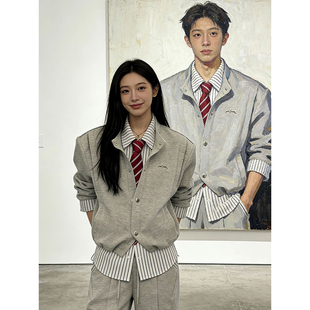 韩系假两件拼接格雷系衬衫卫衣卫裤秋冬装男生痞帅穿搭一整套套装