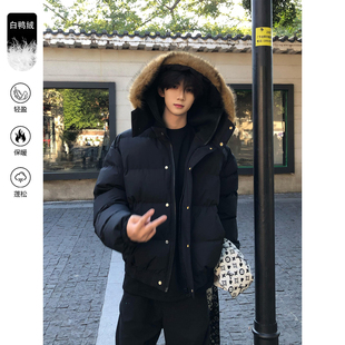 美式pu皮九江羽绒服男冬季可拆卸连帽毛领棉服短款加厚保暖面包服