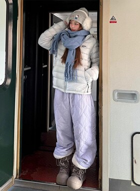 eaho多巴胺紫色羽绒棉裤男女冬季加厚保暖防寒裤子户外情侣滑雪裤