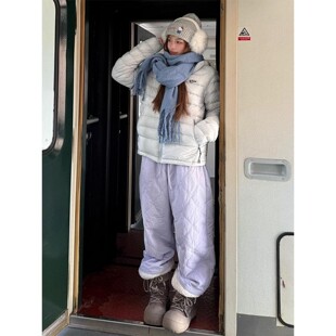 eaho多巴胺紫色羽绒棉裤男女冬季加厚保暖防寒裤子户外情侣滑雪裤