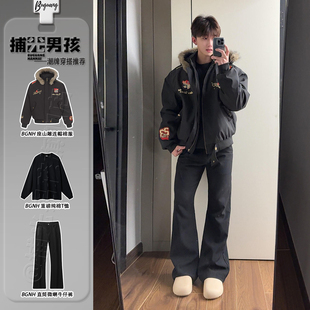 美式高街vibe徽章刺绣棉衣男生酷帅穿搭套装冬季毛领连帽棒球棉服