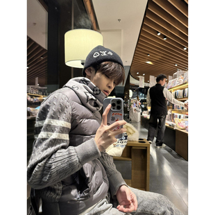 条纹针织拼接排骨羽绒服男冬季美式学院风外套痞帅立领不臃肿棉衣