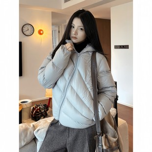 浅灰色斜拉链排骨羽绒服男冬季美式短款白鸭绒外套加厚保暖面包服