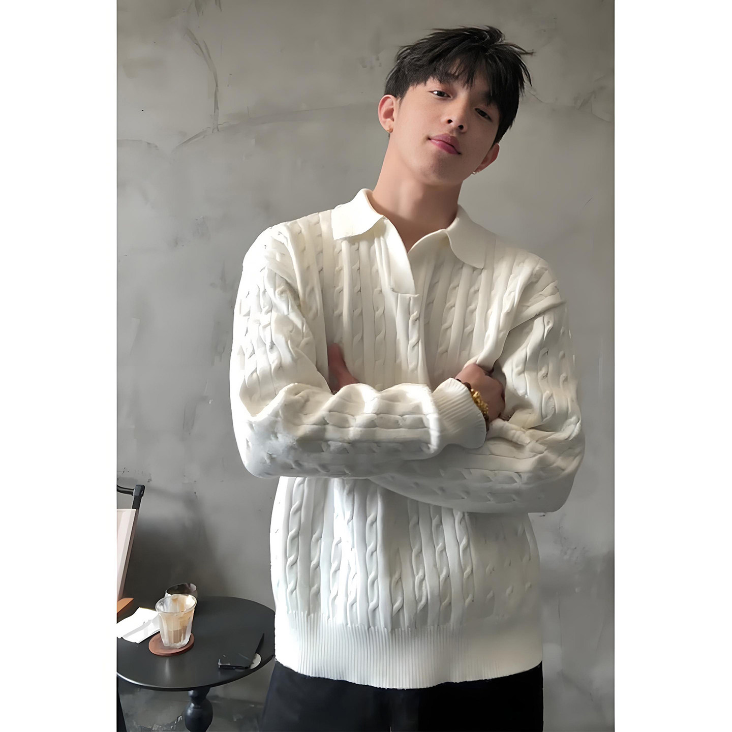 白色海鸥领针织衫男款秋冬季慵懒风保暖打底衫老钱风绞花条纹毛衣,男装,针织衫/毛衣,淘宝优惠券,粉丝福利购,淘宝优惠卷