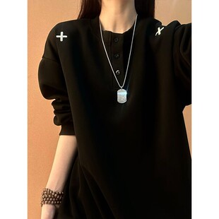 黑色刺绣亨利领卫衣男女春季美式慵懒风针织衫cleanfit内搭打底衫