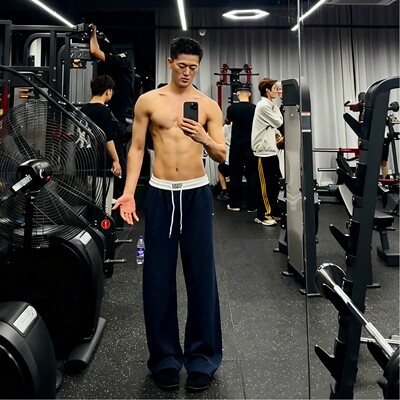 藏青色健身运动卫裤男款微喇长裤