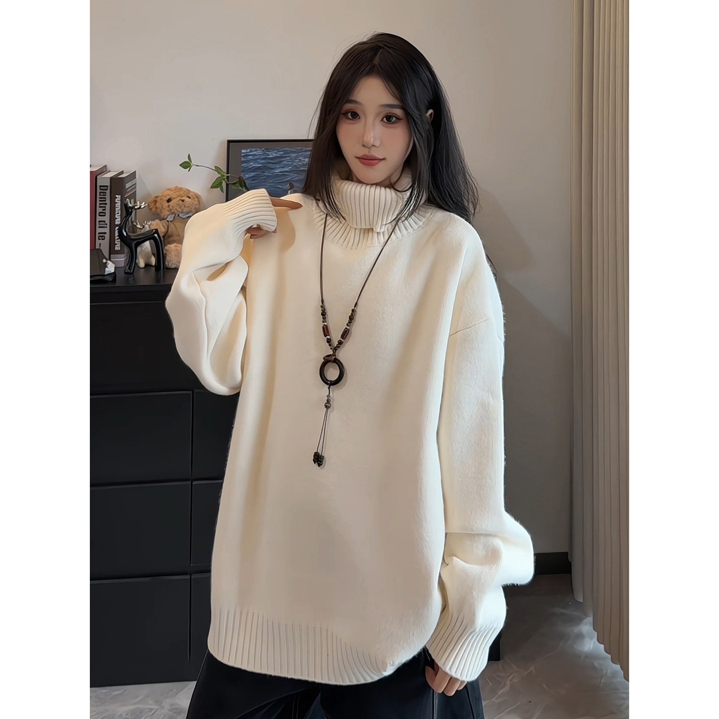白色加绒加厚高领毛衣男女秋冬
