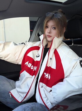 白色字母印花棉服外套男款冬季美式撞色机车服vintage立领棒球服