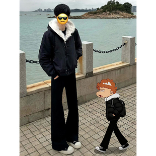 黑色柳叶弯刀牛仔裤男款厚款加绒高腰提档裤子直筒窄版显瘦微喇裤