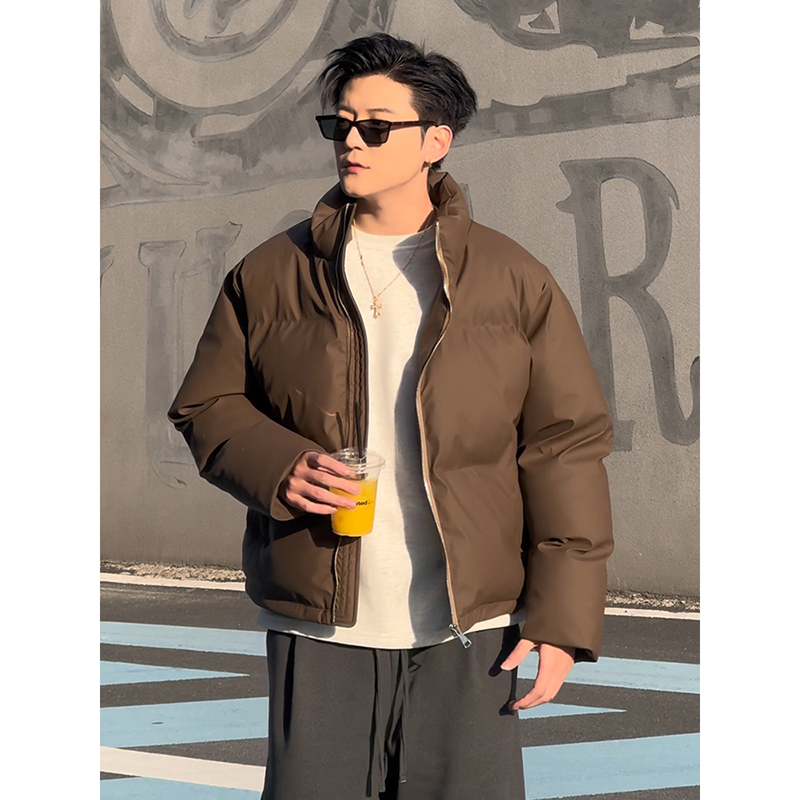 美拉德咖色pu皮棉服男款冬季