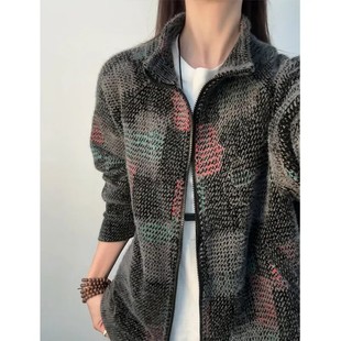 美式撞色格子毛绒针织开衫男款秋冬无帽立领卫衣情侣拉链夹克外套