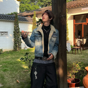 美式复古羊羔绒牛仔夹克男款冬季翻领夹棉棒球服短款工装棉服外套