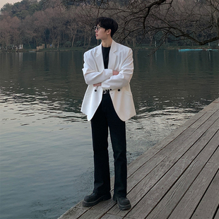 白色休闲西装 韩系枪驳领垫肩便西外套 男高级感英伦风古着西服套装