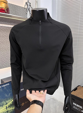 黑色半拉链立领卫衣男款美式健身体能训练服修身运动德绒长袖t恤