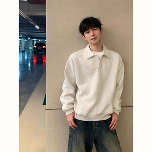 白花灰色重磅短款翻领卫衣男秋冬潮牌内搭打底衫高级感长袖polo衫