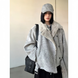 双排扣座山雕毛领棉服男女款冬季高级感短款棉衣加厚保暖毛呢外套