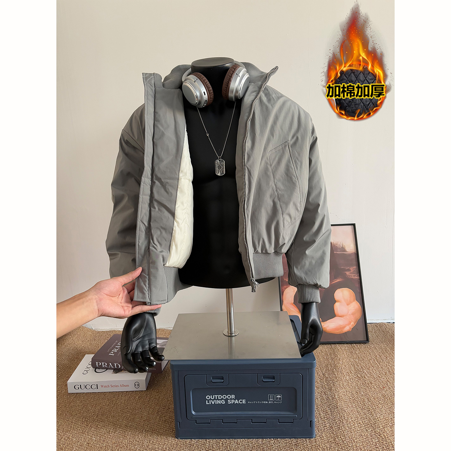 浅灰色加棉加厚棉服男冬季飞行员保暖短款夹克外套百搭立领棒球服