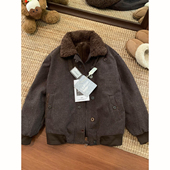 冬季 美式 仿羊羔毛翻领座山雕外套男款 bomber棉服复古格纹毛领外套