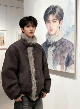 深灰色仿麂皮短款座山雕棉服男冬季加厚保暖工装外套美式毛领棉衣