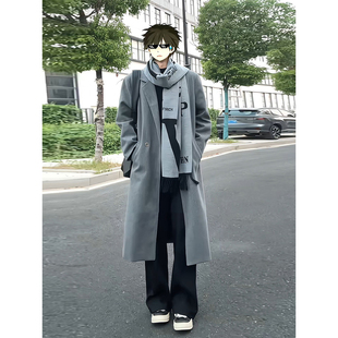 浅灰色英伦风毛呢大衣男款秋冬季韩系慵懒风中长款外套克苏鲁风衣