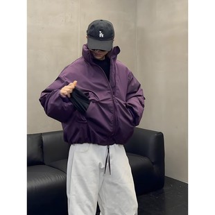 短宽boxy棉衣外套bomber立领棒球服 美式 紫色飞行夹克棉服男款 冬季
