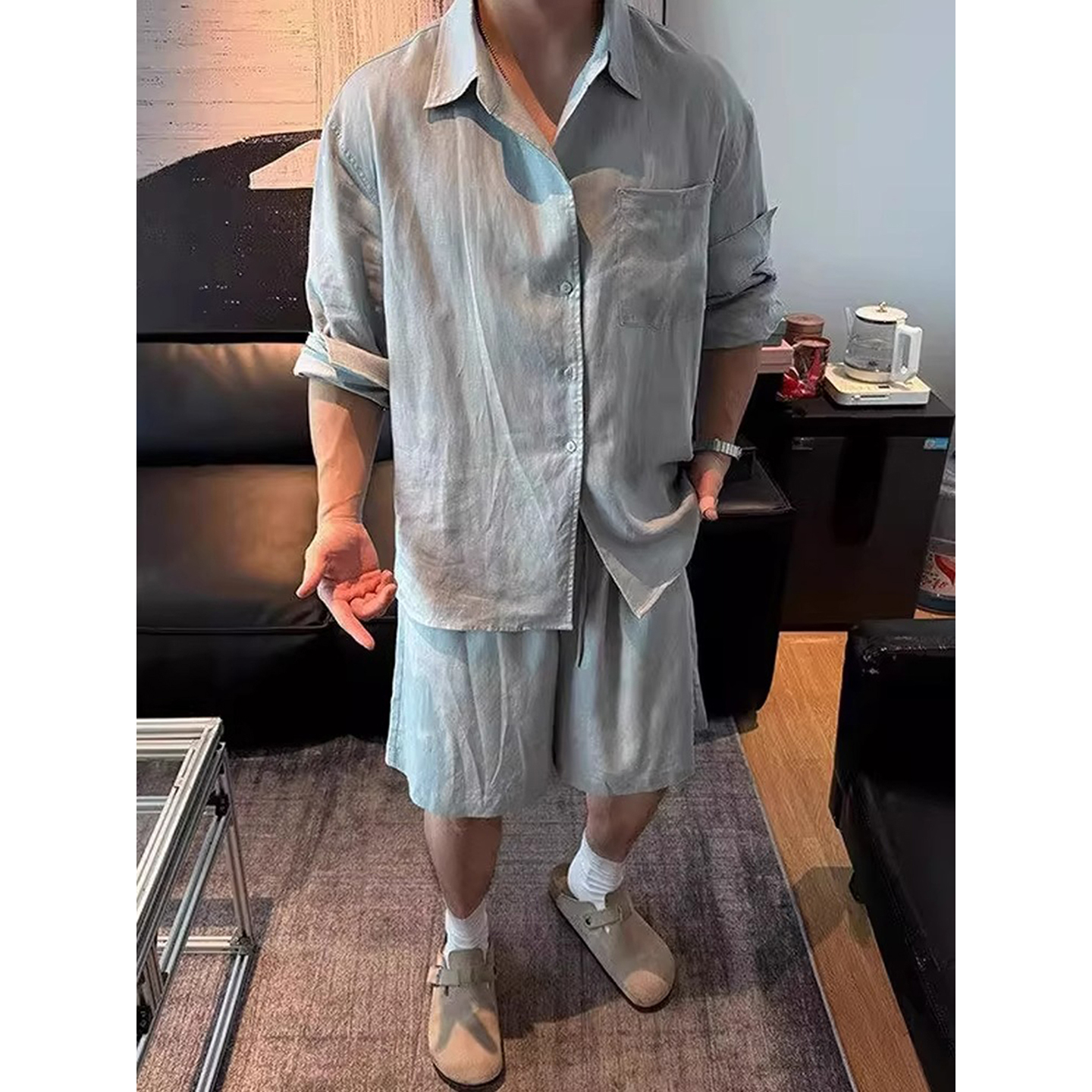 松弛感慵懒风天丝亚麻套装男夏季