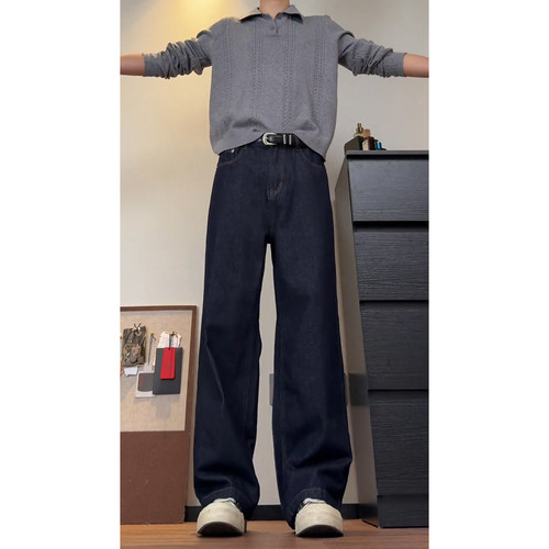 丹宁色加绒牛仔裤男秋冬美式高街