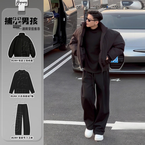 黑色美式短款棉服男生冬季一整套