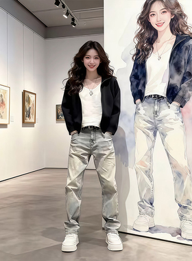 泥黄色窄版微喇牛仔裤男秋冬季加绒高腰显腿长裤子直筒修身弯刀裤