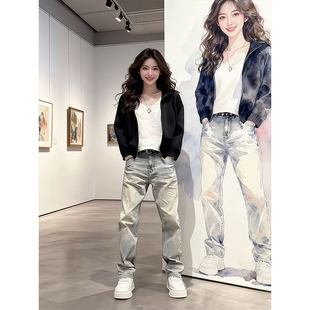 泥黄色窄版微喇牛仔裤男秋冬季加绒高腰显腿长裤子直筒修身弯刀裤