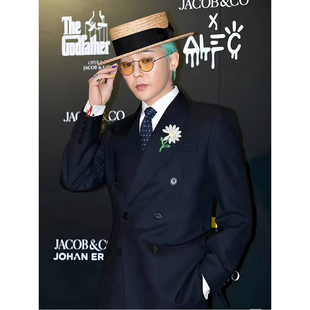 权志龙GD同款小雏菊双排扣西装套装男士高级感正装礼服藏青色西服