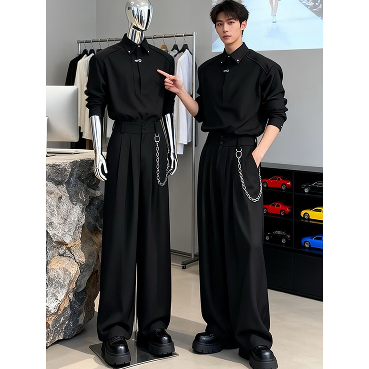 黑色禁欲系正肩长袖衬衫男高级感