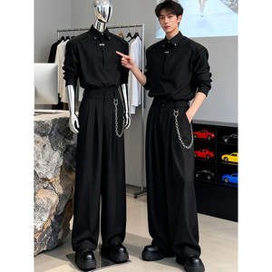 捕光男孩旗舰店黑色禁欲系正肩长袖衬衫男秋冬高级感穿搭一整套搭配垂感阔腿西裤