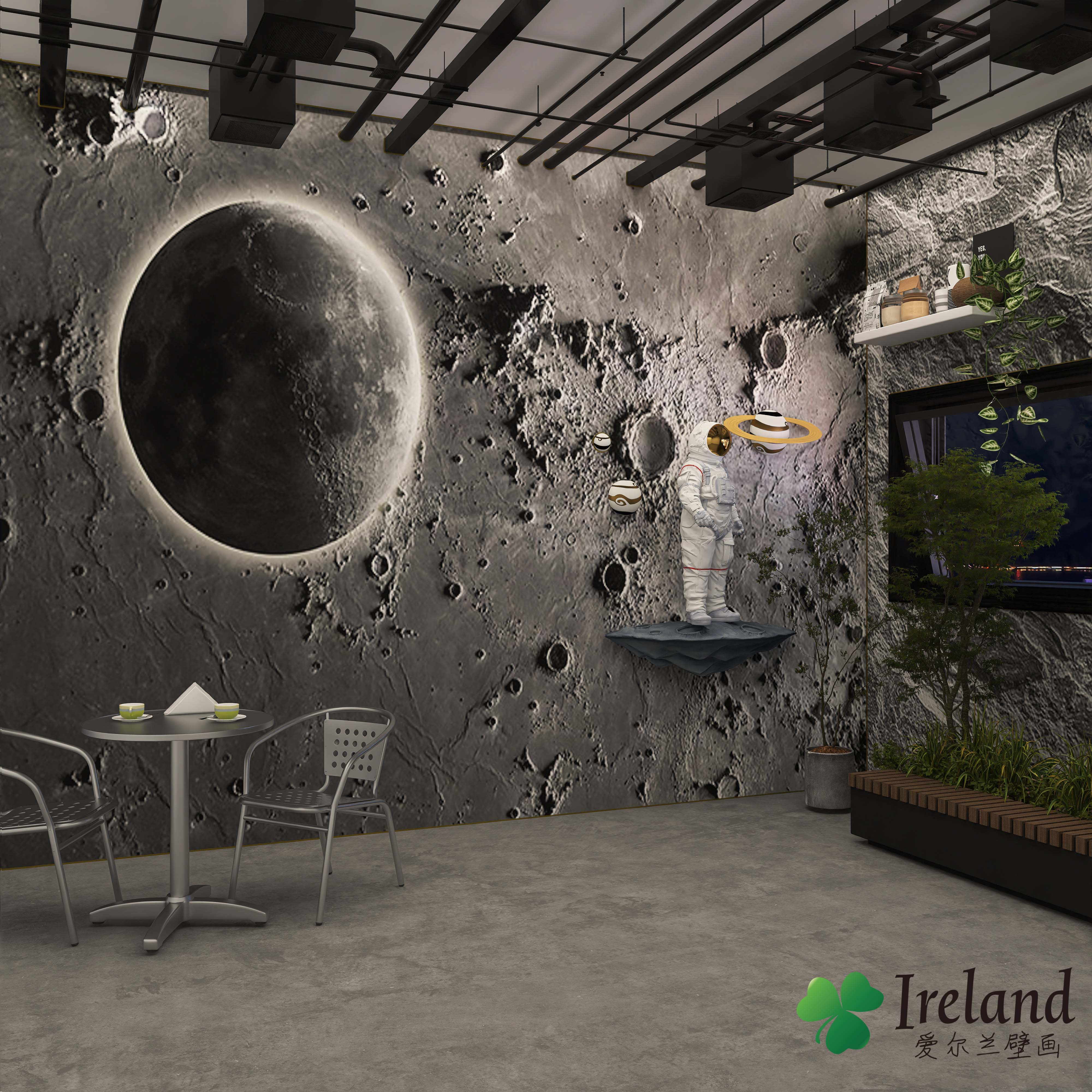 3d凹凸月球表面理发店墙纸网红奶茶店工业风水泥背景餐厅星空壁纸