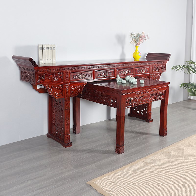 实木中堂六件套供k桌农村堂屋条案客厅中式榆木仿古八仙桌家具组