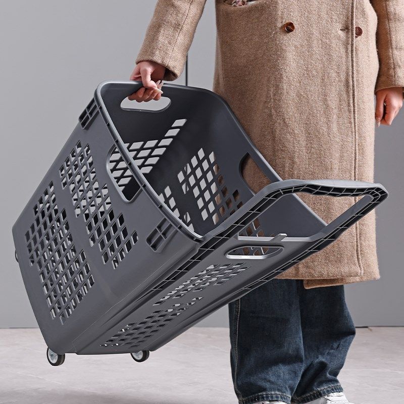 商超购物篮拉杆高背塑q料拖篮取快递购物车家用买菜带轮加厚篮子