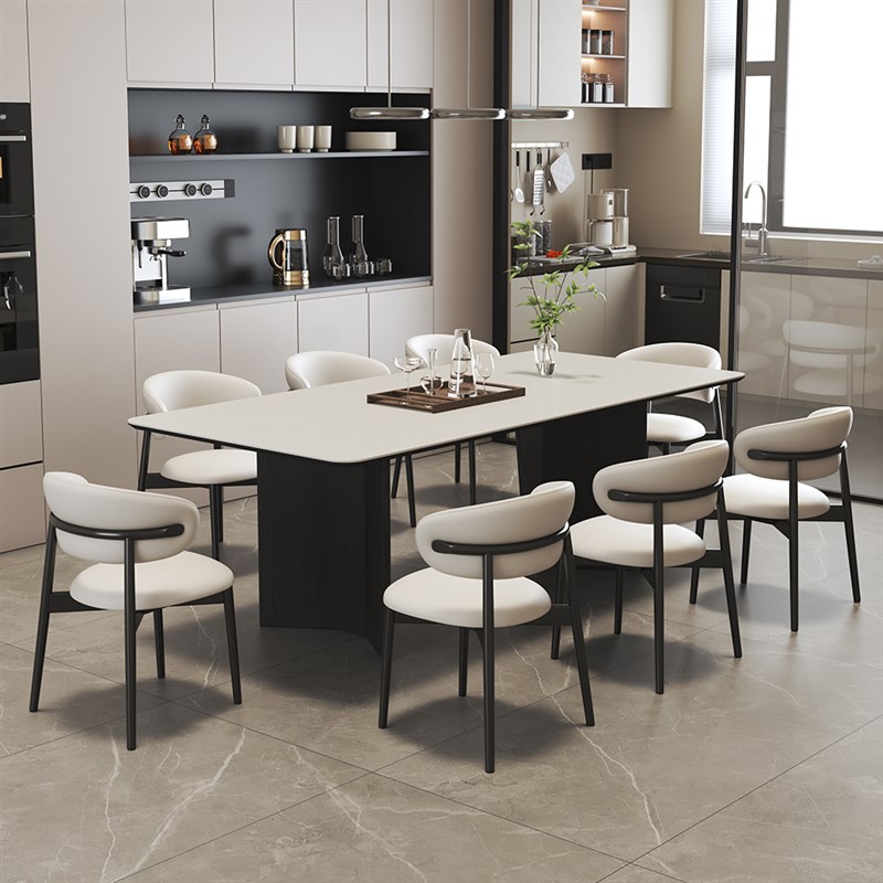 实木小户型意式极简白色岩v板长方形餐桌椅组合家用现代简约饭桌