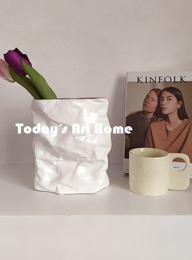 TODAYSART现代艺术褶皱花瓶白色陶瓷纸袋N型简约花器插花干花摆件