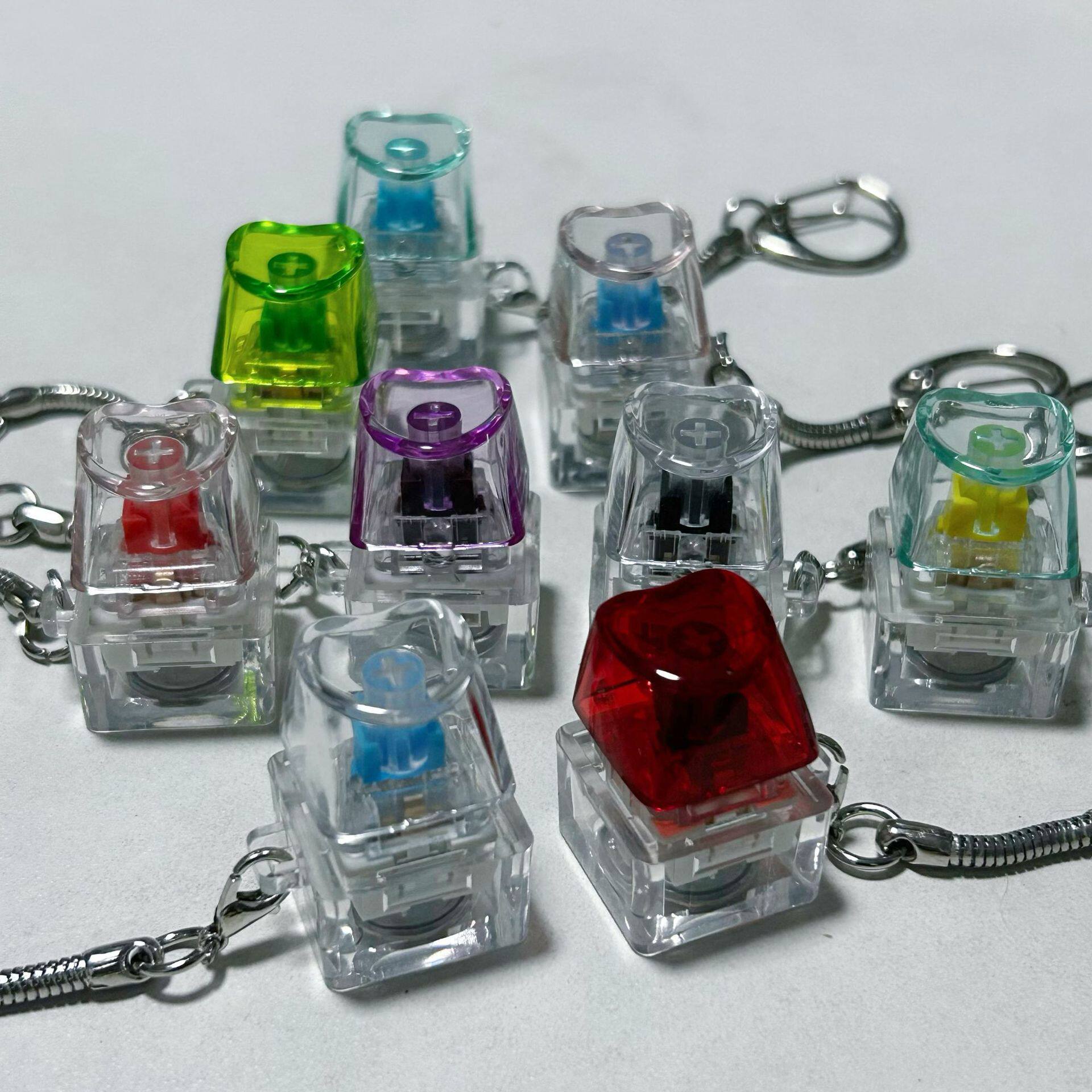 PC全透明材质解压试轴器按压有声爱心2孔3孔4孔锁匙扣带灯透明帽