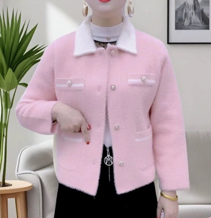 撞色小香风仿水貂绒外套女202短外套