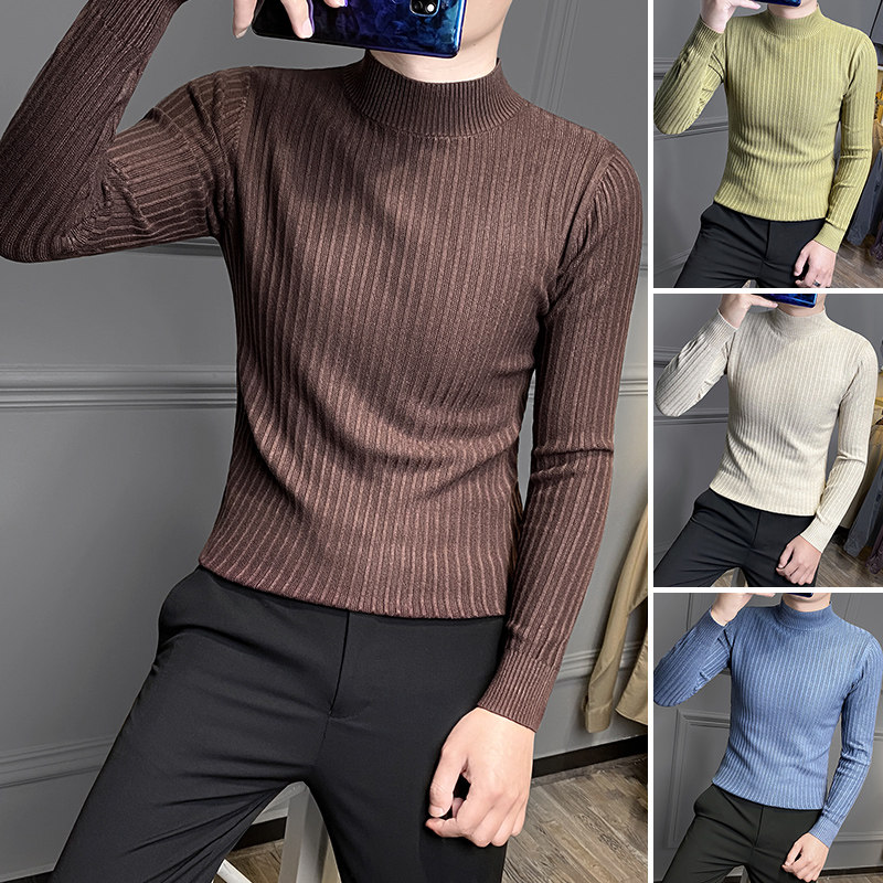 香港半高领毛衣男士修身秋冬季保暖线衣高级感中领长袖针织打底衫