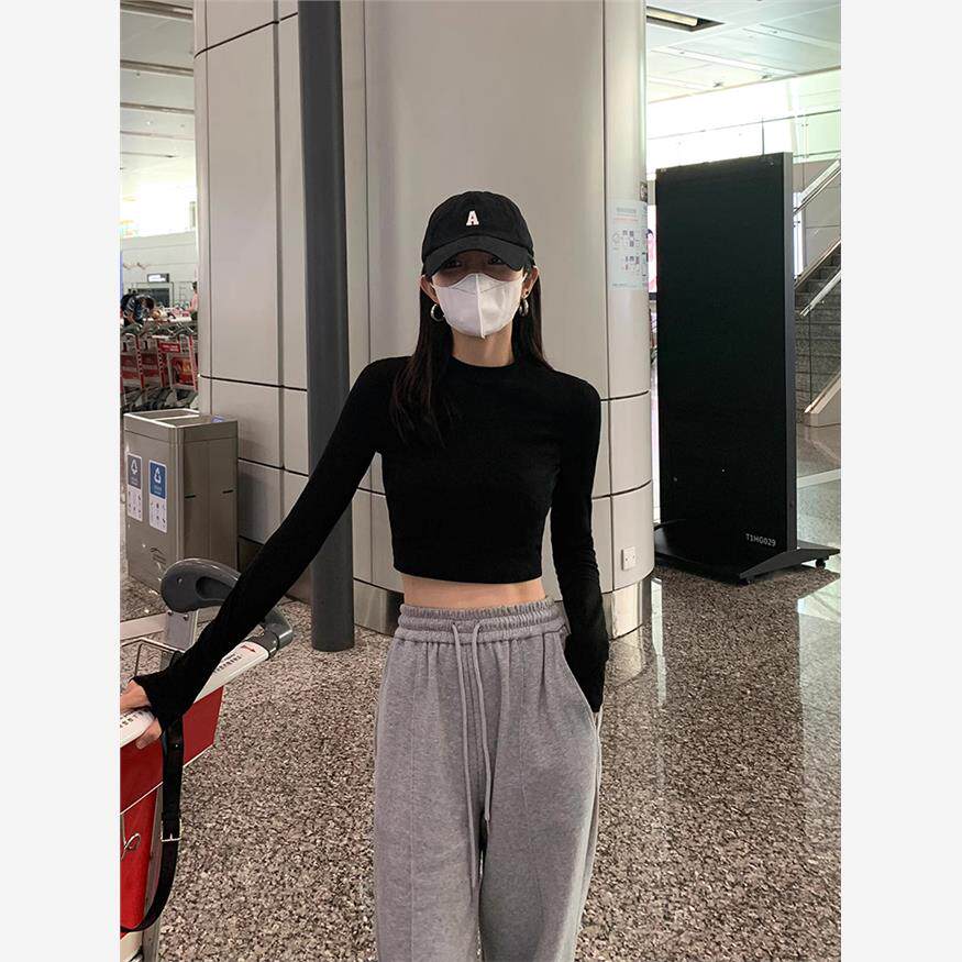 2025秋冬新款长袖T恤女高腰短款露肚脐修身圆领小个子内搭打底衫