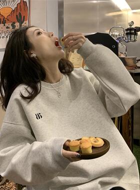 Mere Kore套头圆领卫衣女秋冬加绒休闲宽松慵懒风oversize上衣潮