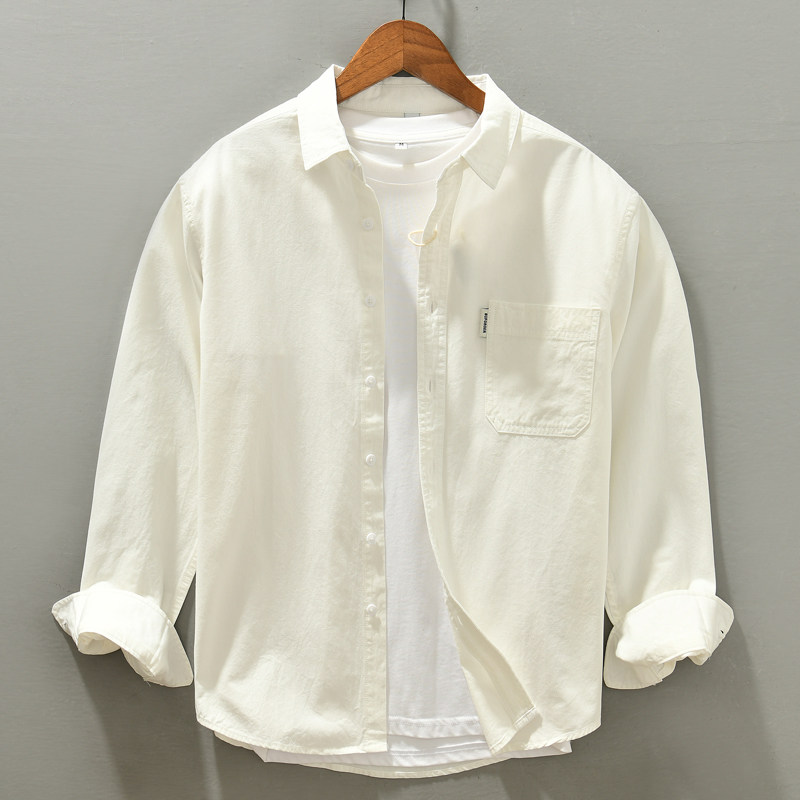 香港春秋季男士纯色全棉衬衫夹克日系休闲宽松白色高级感衬衣外套