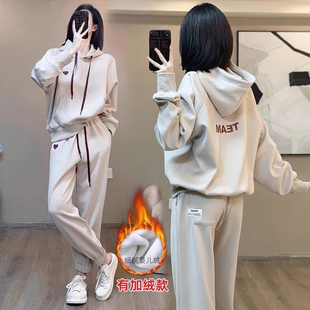 欧洲站休闲运动套装女秋冬加绒加厚2025新款时尚小个子卫衣两件套