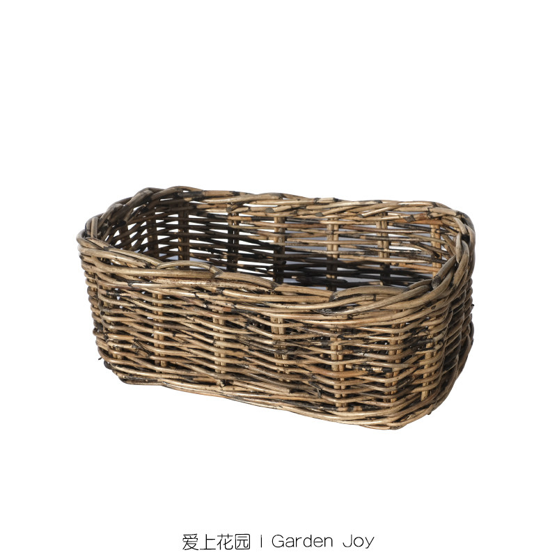 爱上花园园艺杂货 手工编制 印尼藤框带皮长方椭圆收纳篮子筐子