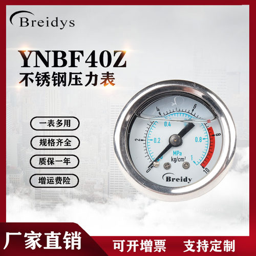 YNBF40Z轴向不锈钢压力表无铜无锌气动压力表液压0-10KG一分牙1/8
