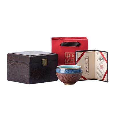 台湾浮翠蓝釉钧窑茶杯主人杯大号手工建盏24K鎏金大师级张金溪证