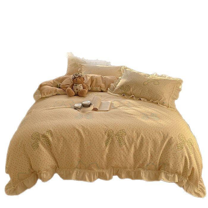 nis韩田园纯棉-床四件套100全棉公主风宿舍三式上件套床单被套床