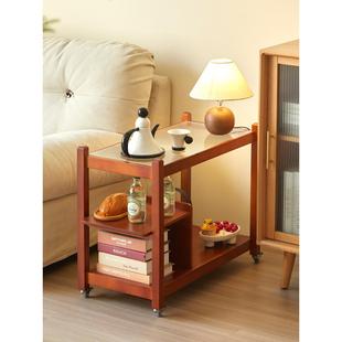 中古风沙发边几可移动实木茶几家用小桌子沙发边柜简易推车置物架